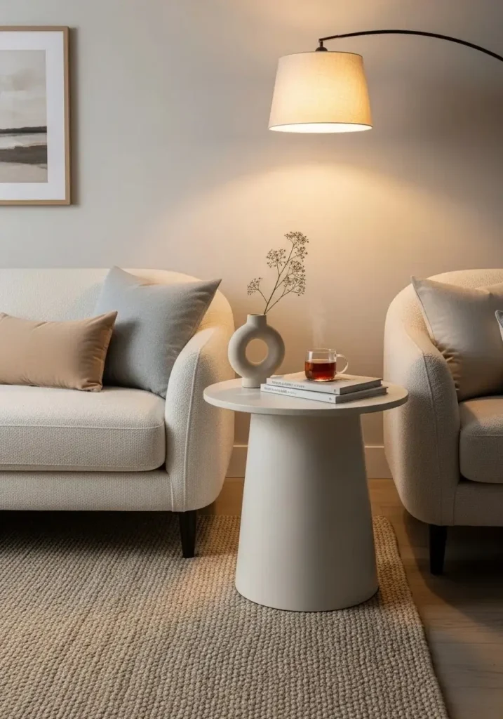 Round pedestal side table with soft silhouette in living room.