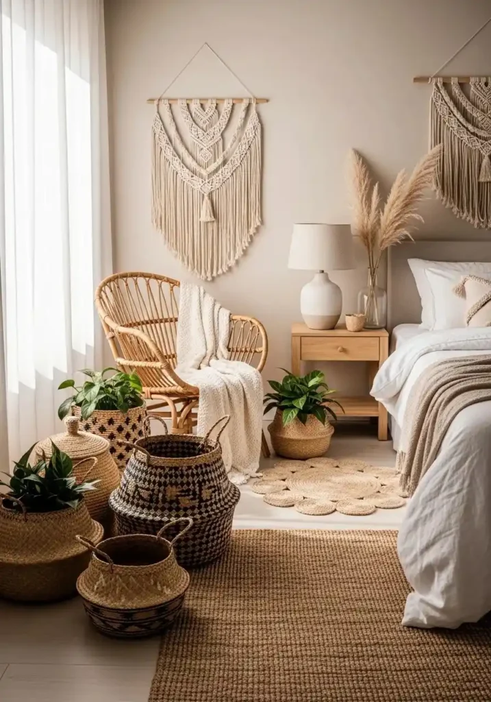 Beach bedroom with rattan and woven textures for a cozy coastal look.
