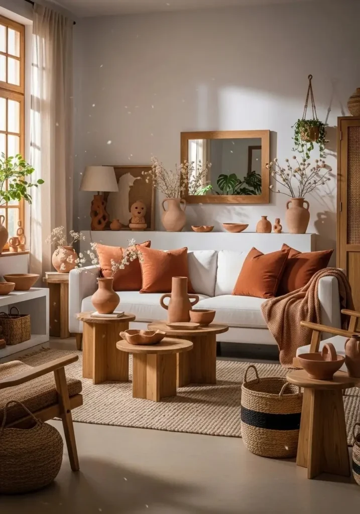 White couch living room with earthy terracotta and beige natural decor