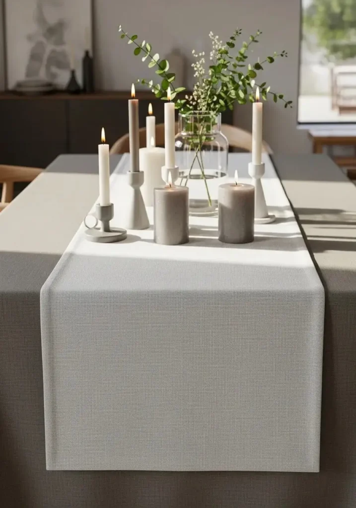Table runner with layered decor elements forming a stylish centerpiece