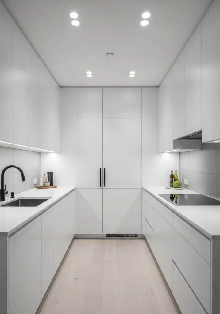 Galley kitchen featuring built-in appliances hidden within cabinetry for a sleek, seamless look.