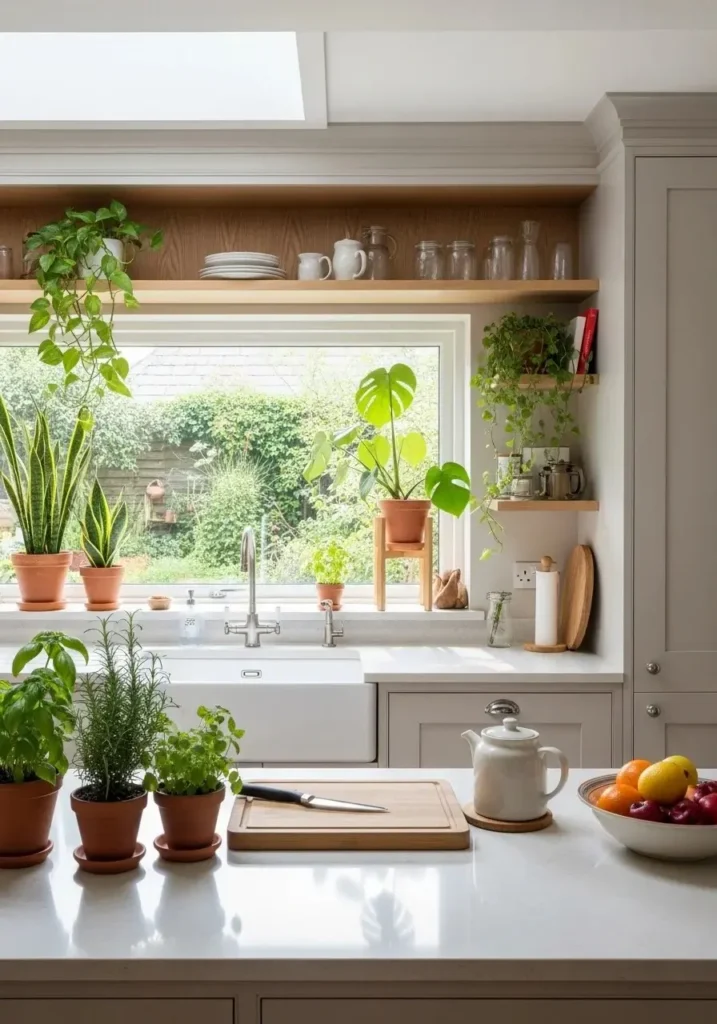Green plants adding freshness to a white oak kitchen design