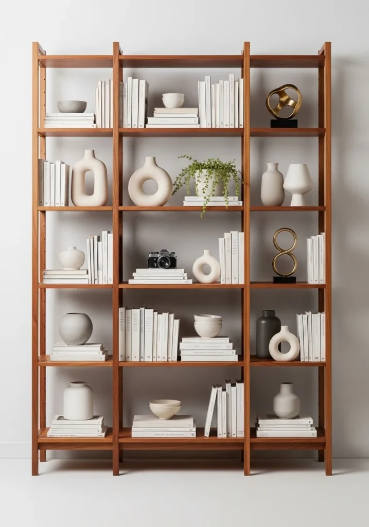 Open shelving with curated decor in a mid century modern living room