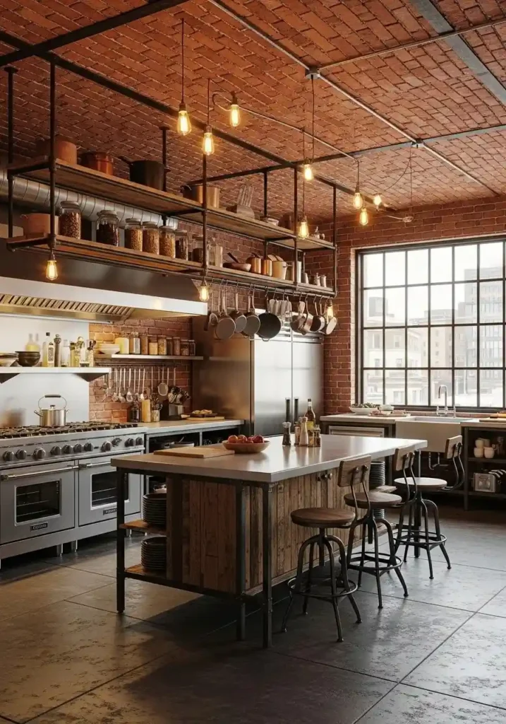 exposed brick kitchen ceiling adding rustic industrial character and texture