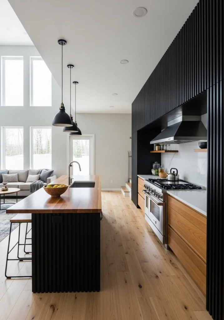 open kitchen black wall wood slats space divider design