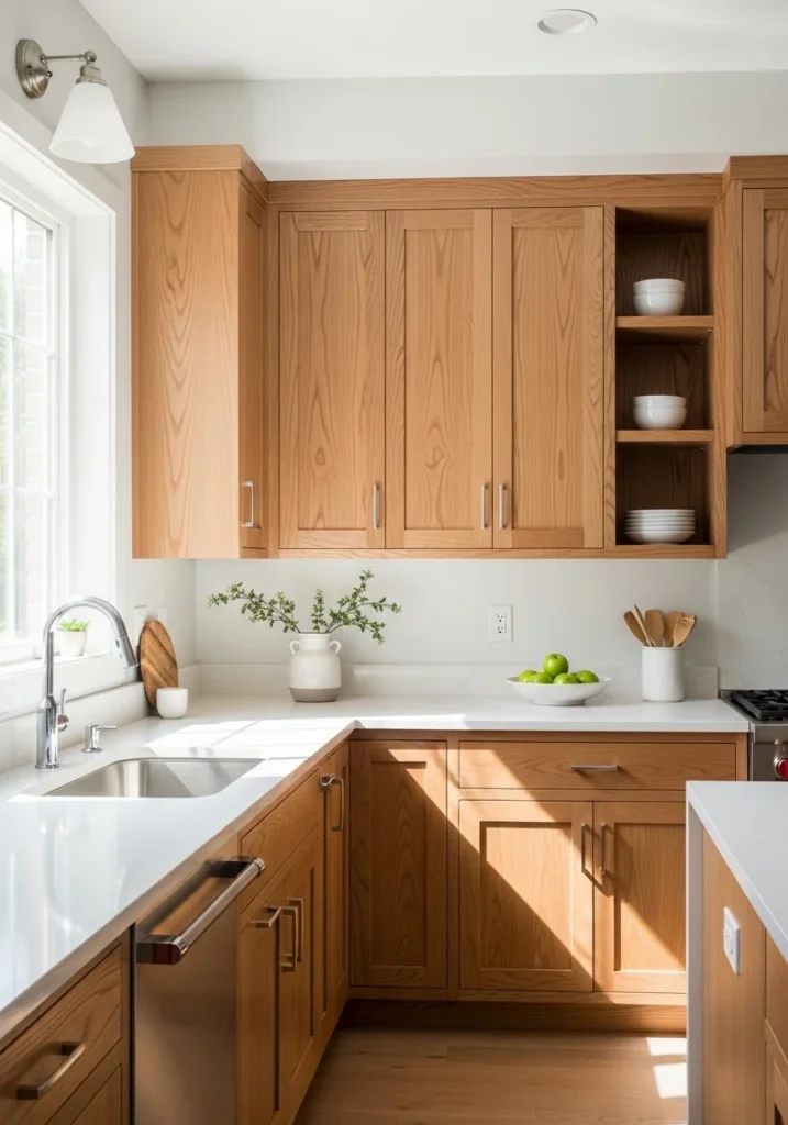 Hickory cabinets with white countertops creating a bright and modern kitchen look