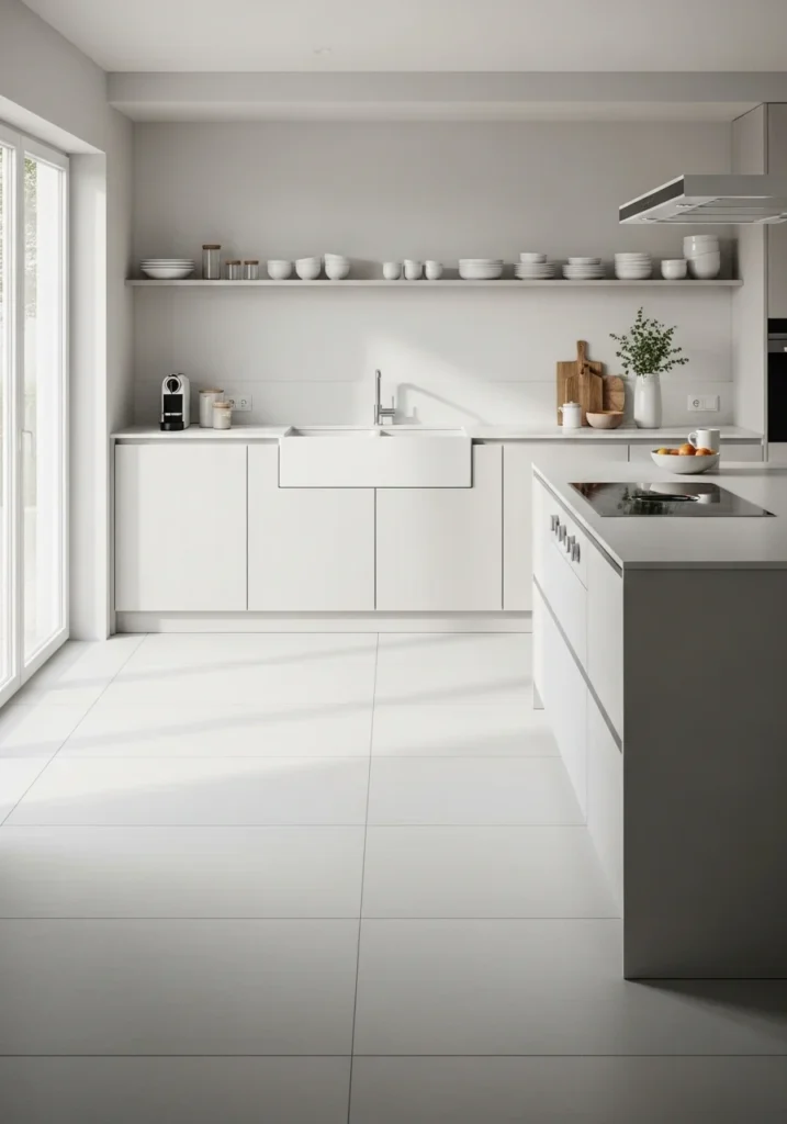 Minimal kitchen with solid tile floor creating clean and simple modern finish