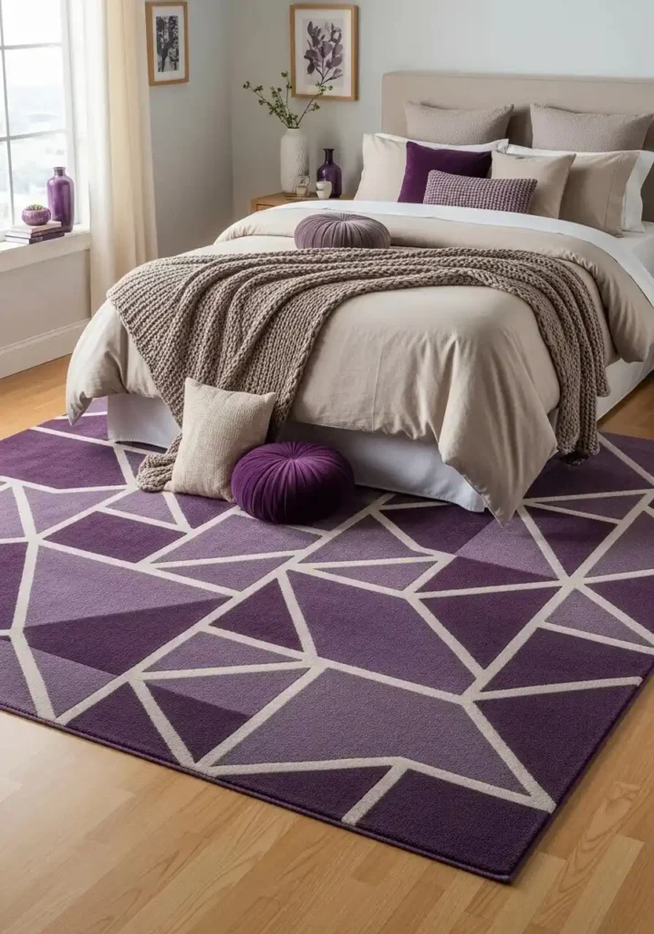 Patterned purple rug in bedroom coordinating with neutral bedding and purple accents for visual interest