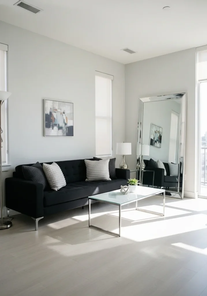 Black couch with glass and mirror elements making the room feel brighter