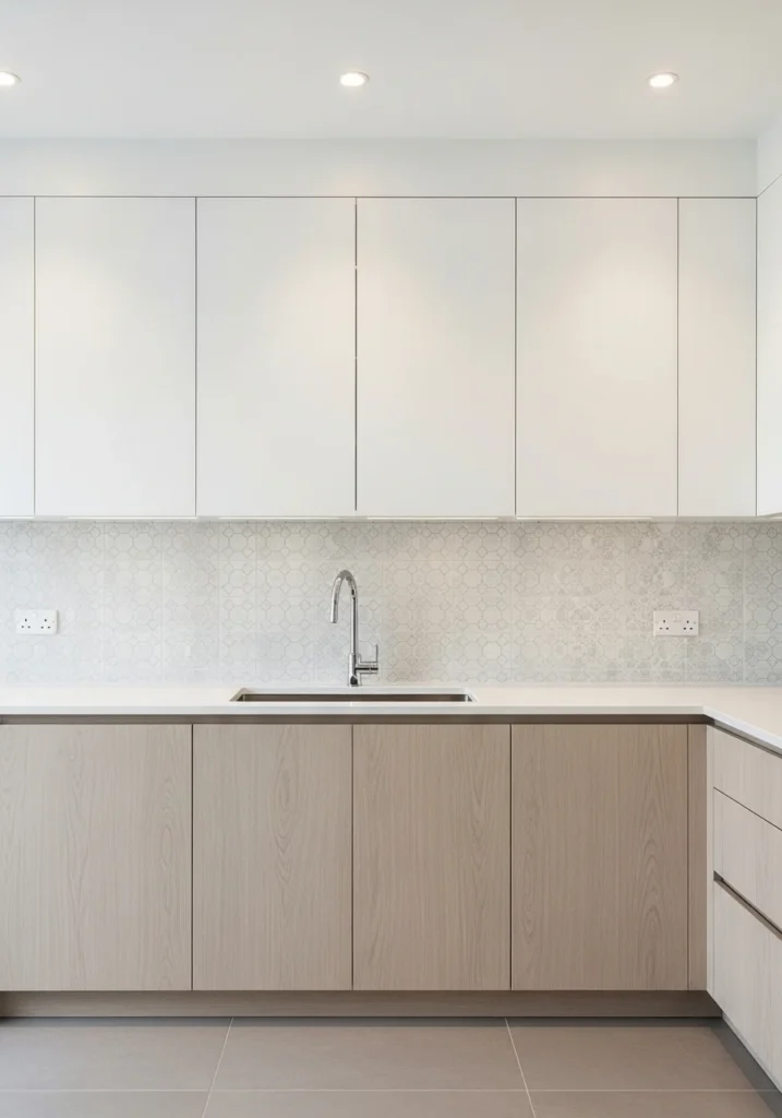 Soft patterned backsplash behind white oak kitchen cabinets