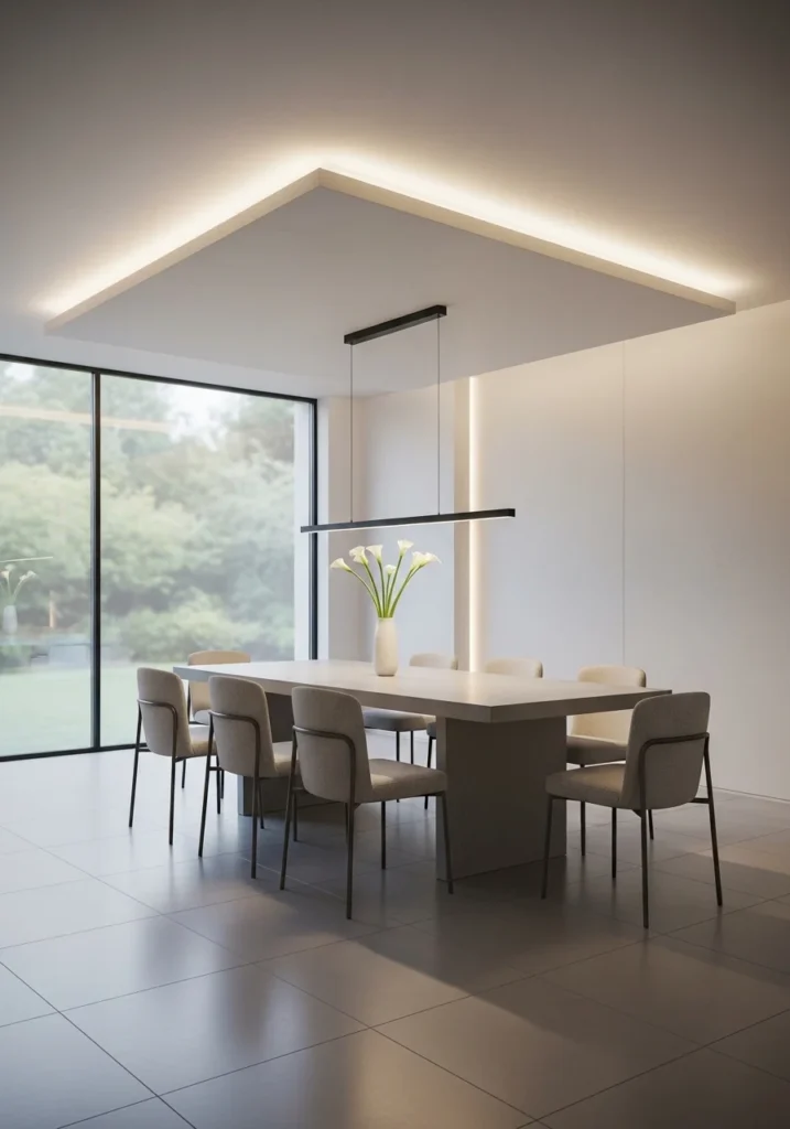 Dining room with LED strip lighting creating subtle modern glow