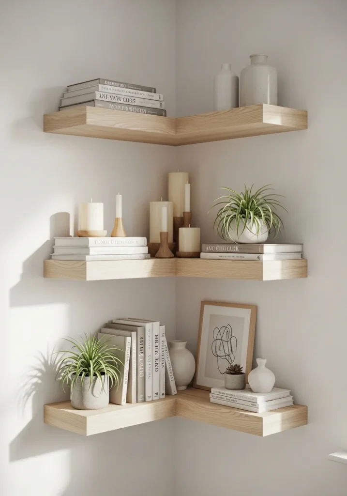 Floating corner shelves in bedroom styled with books, candles, and minimal decor on light wood shelves.