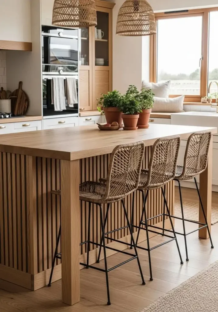 Textured bar stools paired with white oak kitchen cabinets and island
