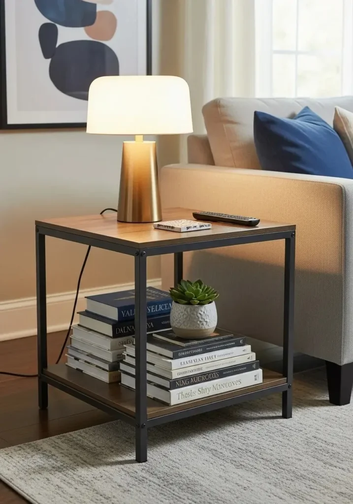 Two-tier side table with storage shelf in living room.