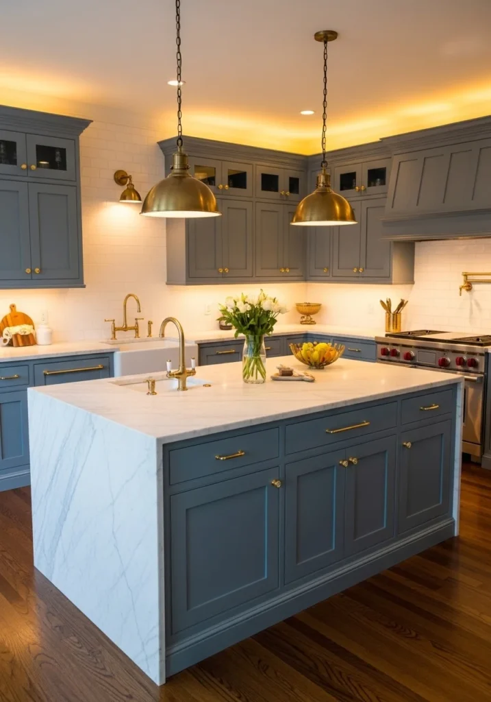 blue kitchen cabinets with gold hardware adding warmth and a stylish touch
