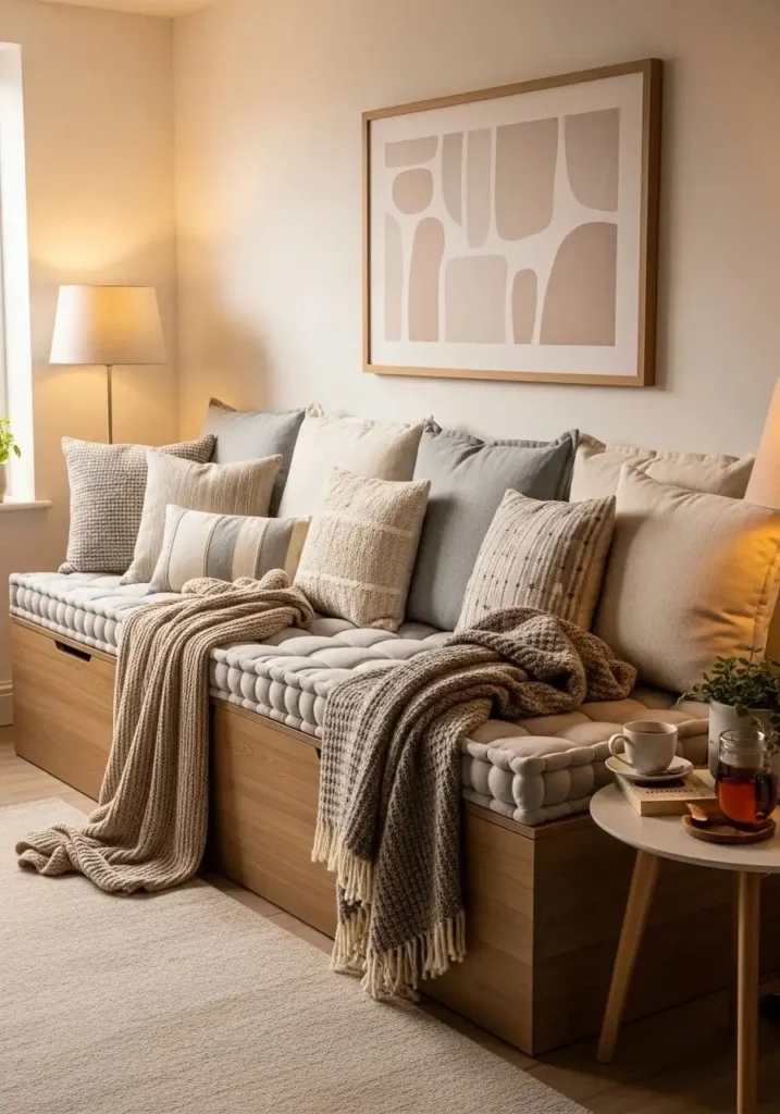 Storage bench in living room used to hide toys and add seating.