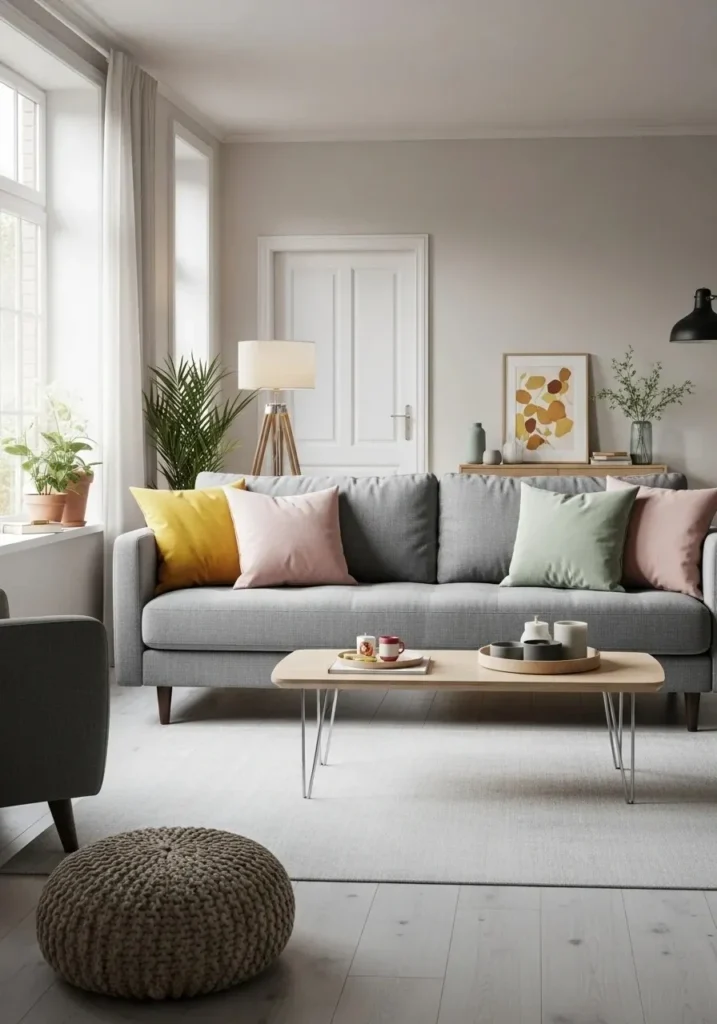 Grey couch with colorful cushions in yellow, pink, and green for a stylish living room look