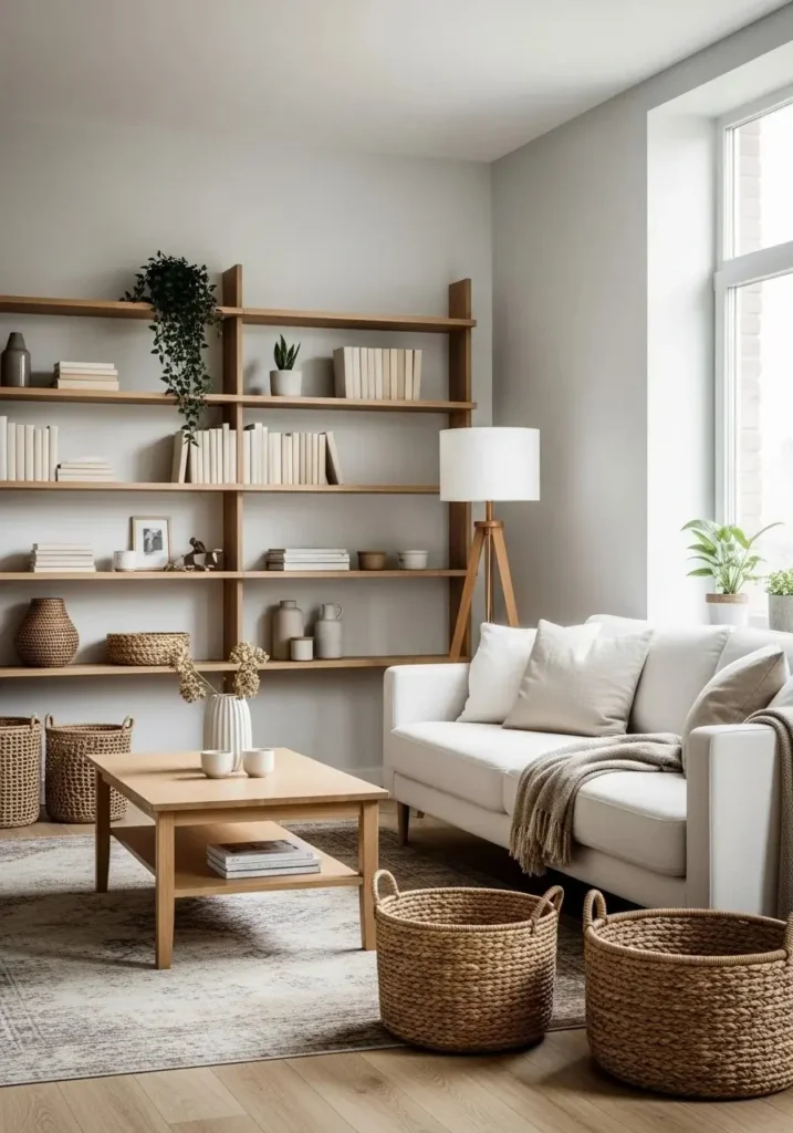 White sofa living room with warm wood coffee table and Scandinavian cozy decor