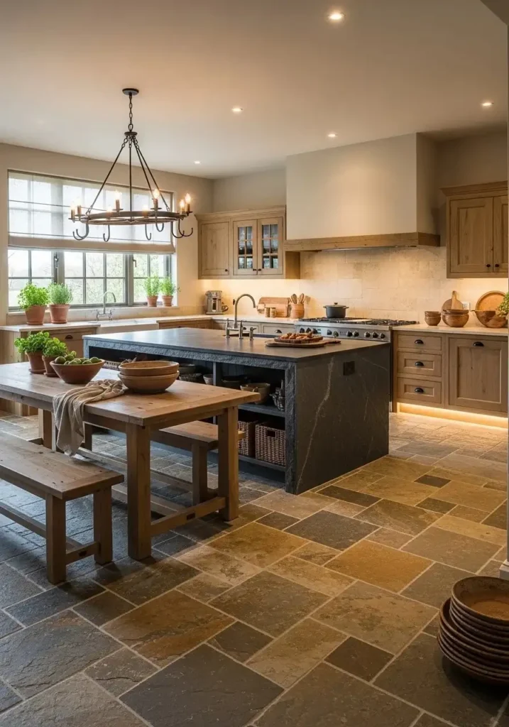 Kitchen with textured stone tile floor adding natural depth and organic feel