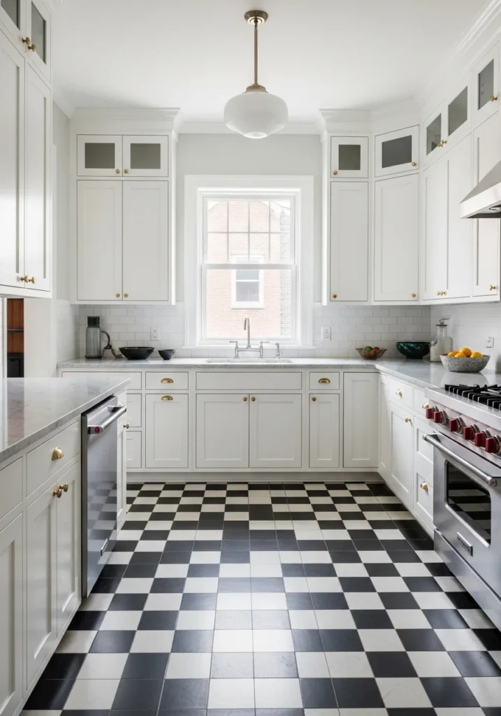Black and white checkerboard kitchen floor adding bold and classic character to the space