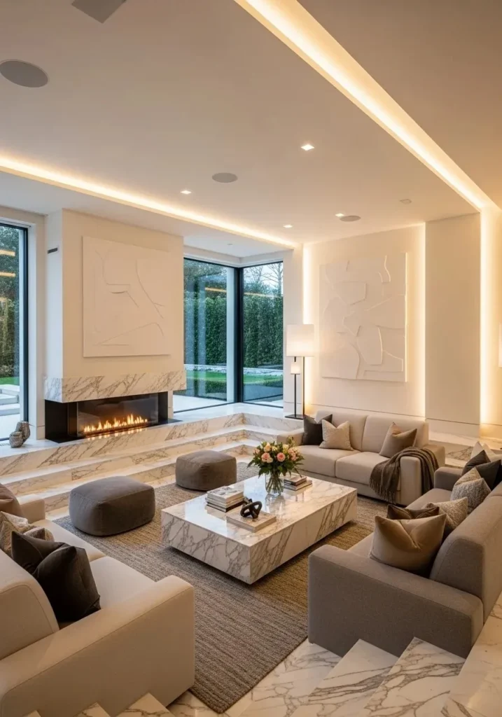 Sunken living room with marble finishes and elegant décor.