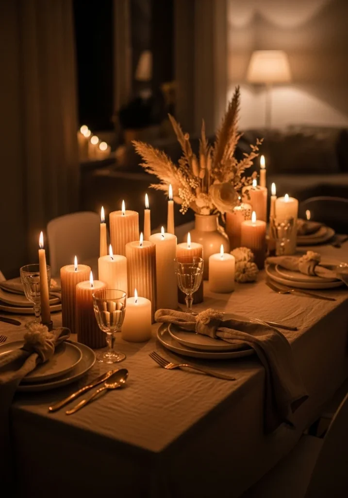 Layered candles centerpiece creating a warm and cozy dining table setting