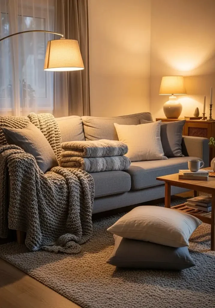 Cozy grey couch with layered textures like knit blanket and linen cushions