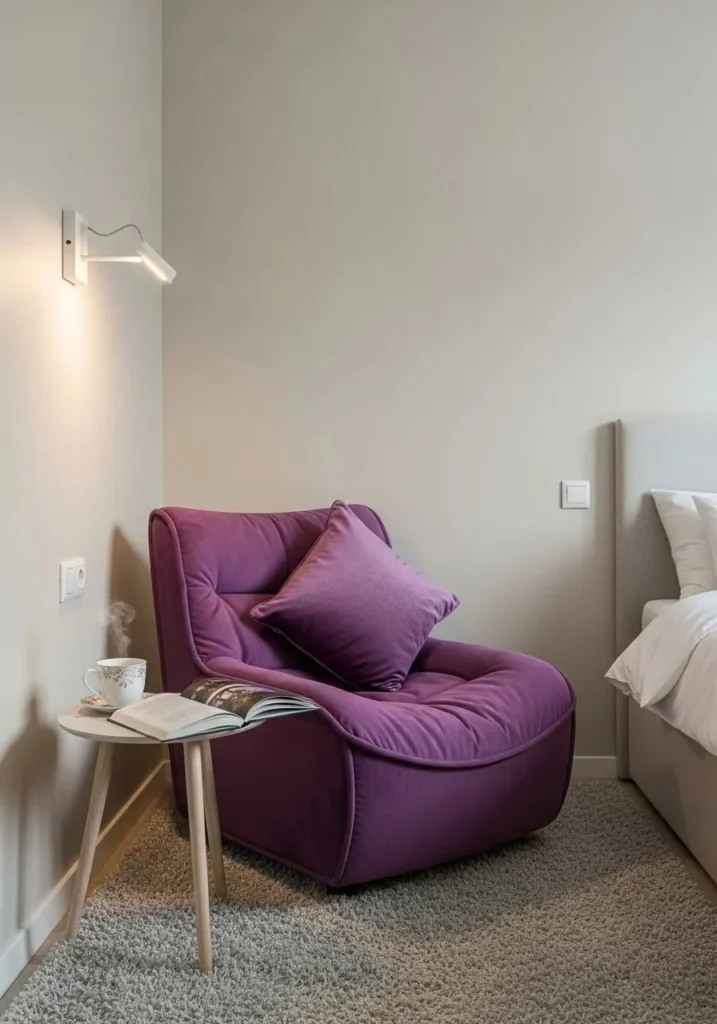Neutral bedroom featuring a striking purple accent chair with a coordinating pillow for a pop of color.