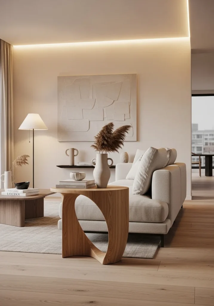 Sculptural side table in living room acting as an artistic focal point.