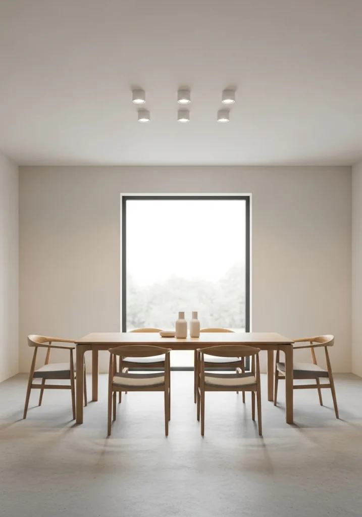 Dining room with recessed lighting creating clean and minimal look
