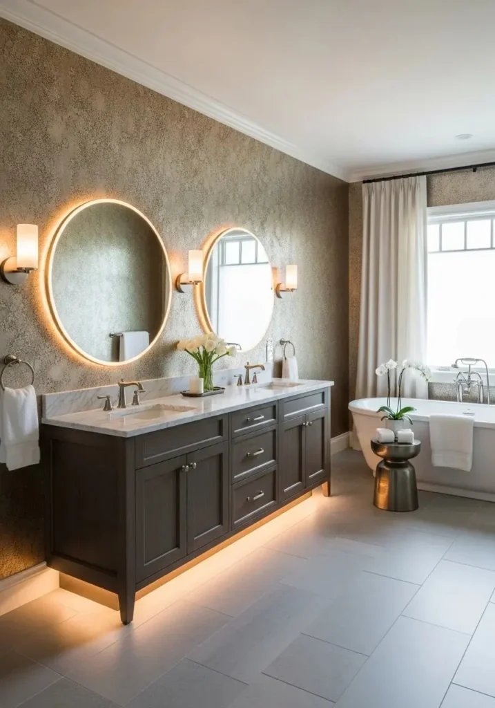 metallic accent bathroom wallpaper with gold details adding a soft elegant glow