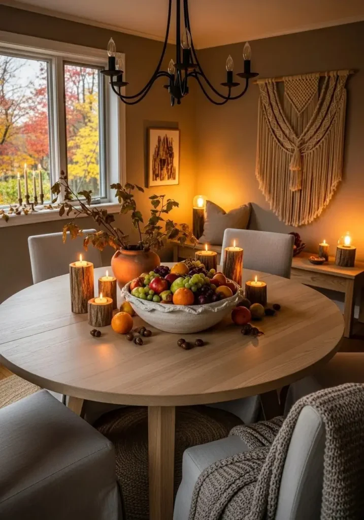 Round dining table with seasonal decor bowl creating fresh and evolving style