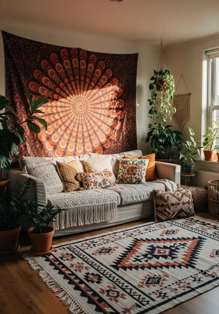Colorful wall tapestry transforms a blank wall into a boho focal point