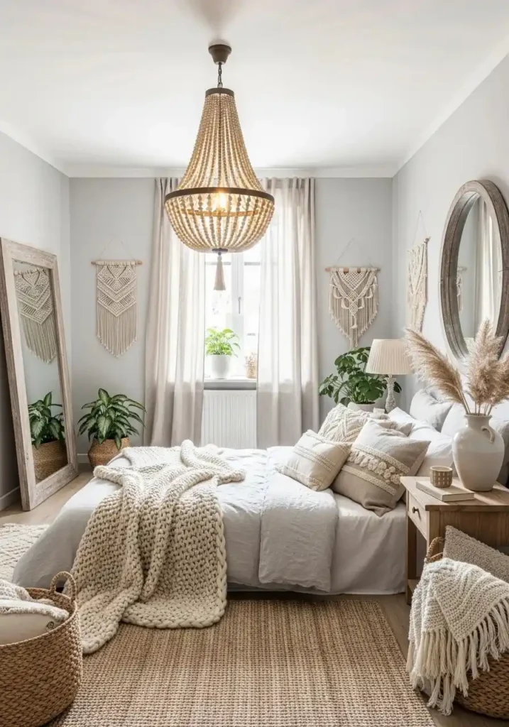 Beaded chandelier adding texture and detail to bedroom decor