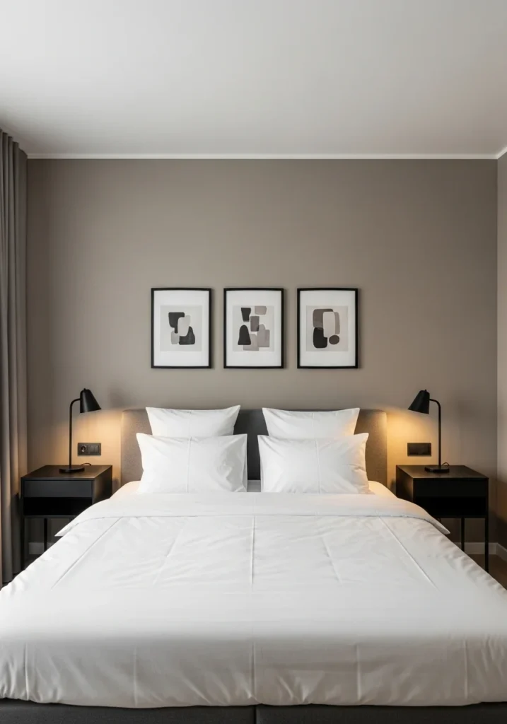 Taupe bedroom with black accents for a modern and balanced contrast look