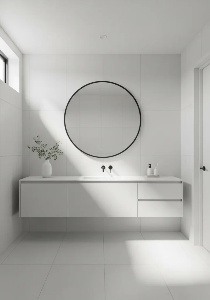 black framed mirror in white bathroom adding subtle modern contrast
