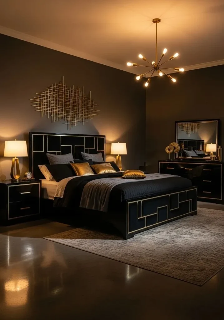 black furniture with metallic accents elegant bedroom design ideas