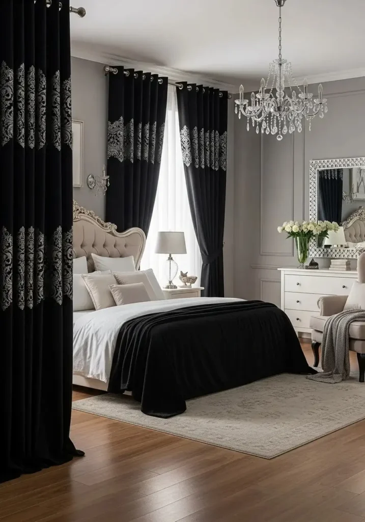 Black curtains with silver details adding depth and elegance to bedroom