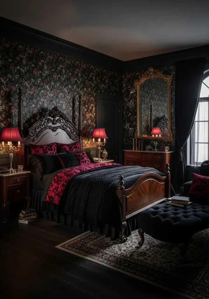 Victorian vampire bedroom with dark floral patterns and romantic gothic styling.