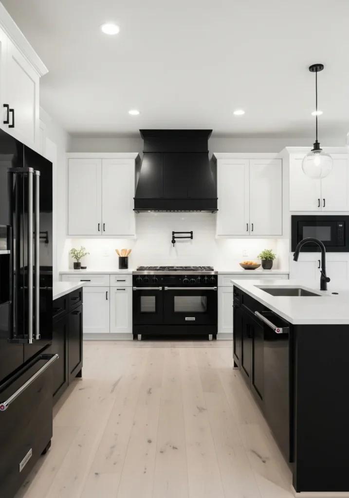 two tone kitchen black appliances white upper cabinets idea
