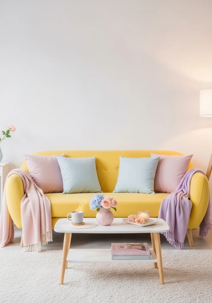 Yellow couch living room with soft pastel decor like blush pink and lavender cozy styling