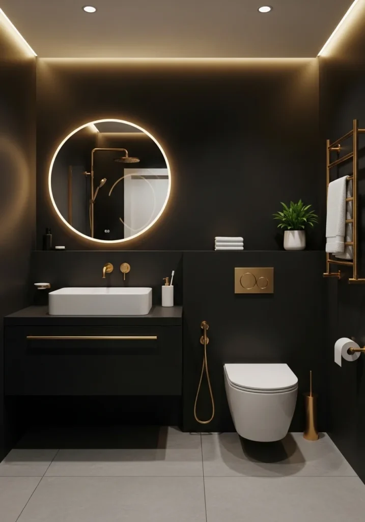 Matte black bathroom walls with white fixtures and brass accents