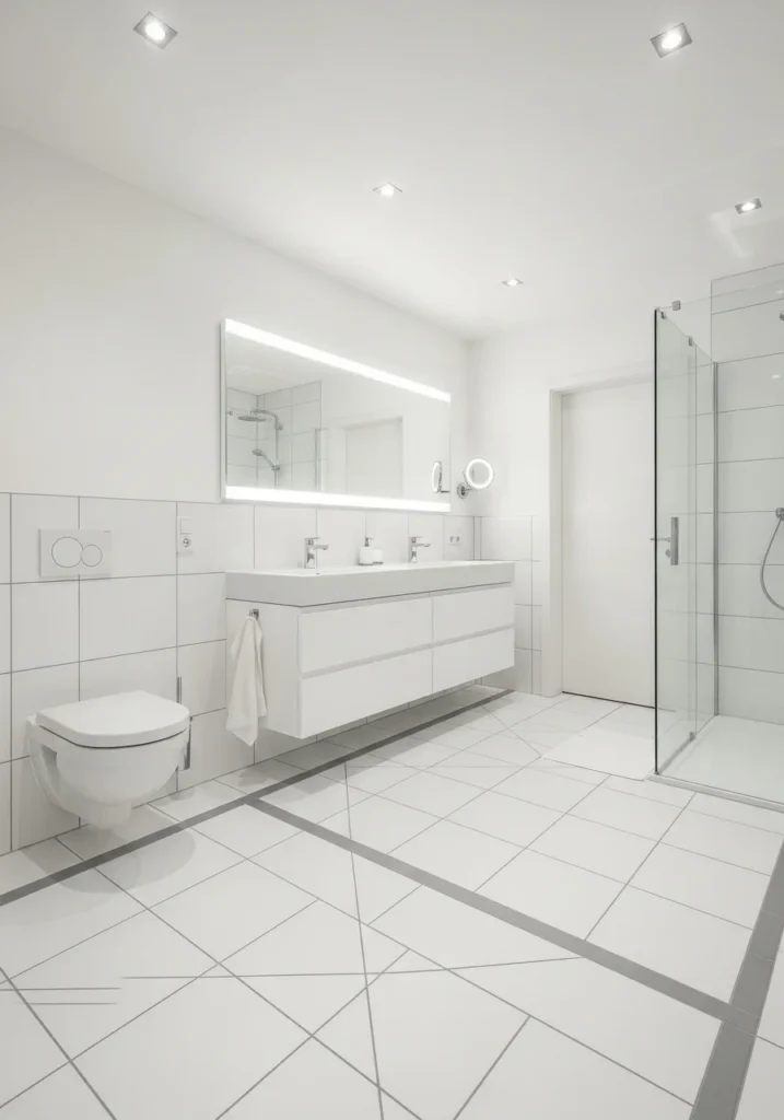 white floor tiles with contrast grout adding depth and structure to bathroom