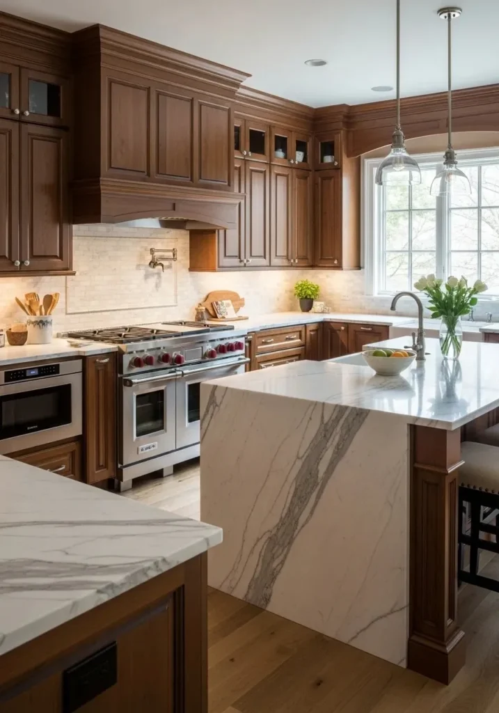 Kitchen with warm wood cabinets paired with elegant marble countertops for a timeless and inviting design.