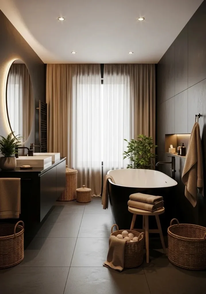 Black bathroom softened with neutral decor and plants