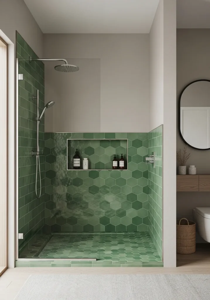 Bathroom shower with green tiles in mixed textures, adding visual depth and playful pattern.