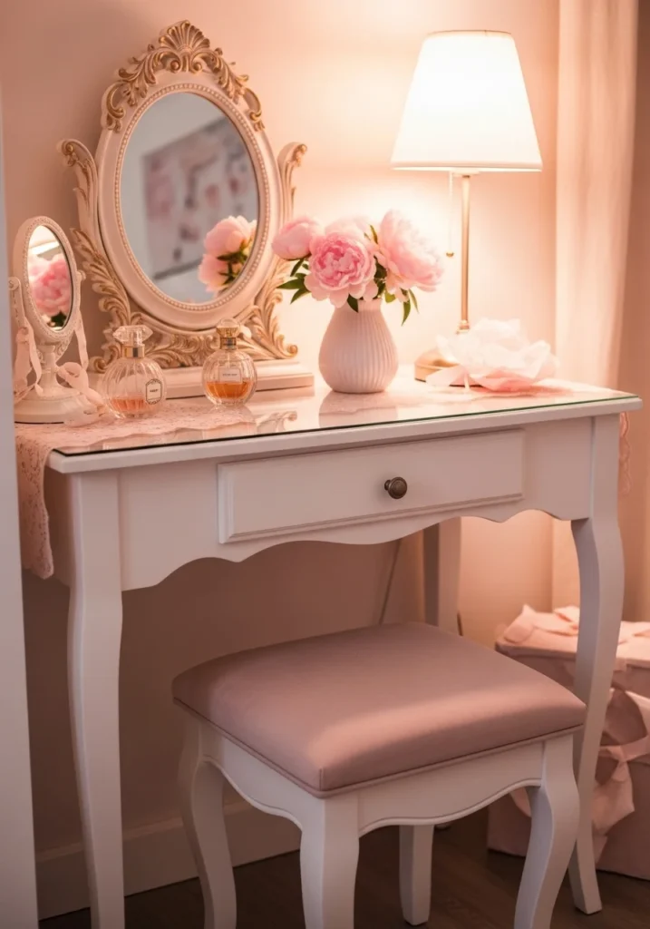 Soft feminine dressing table setup with pastel tones and cozy decor