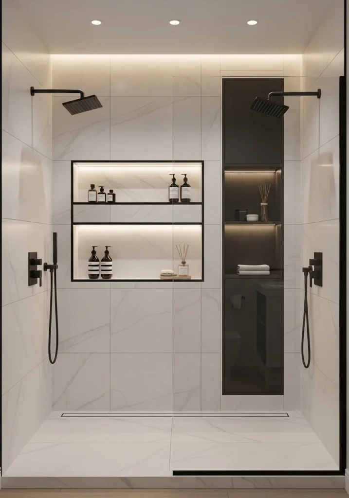 Black framed shower niche inside white bathroom tiles for modern detail.