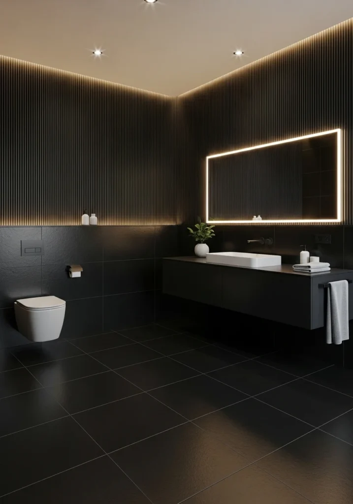 Textured black bathroom tiles adding depth and dimension