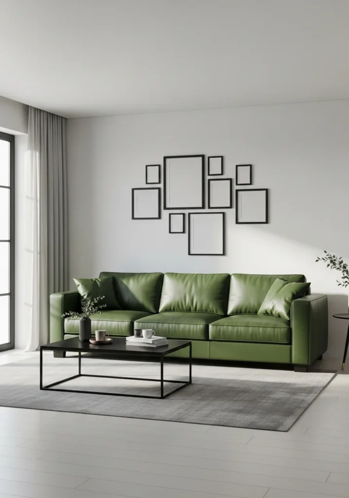 green leather couch with black accents for modern contrast style